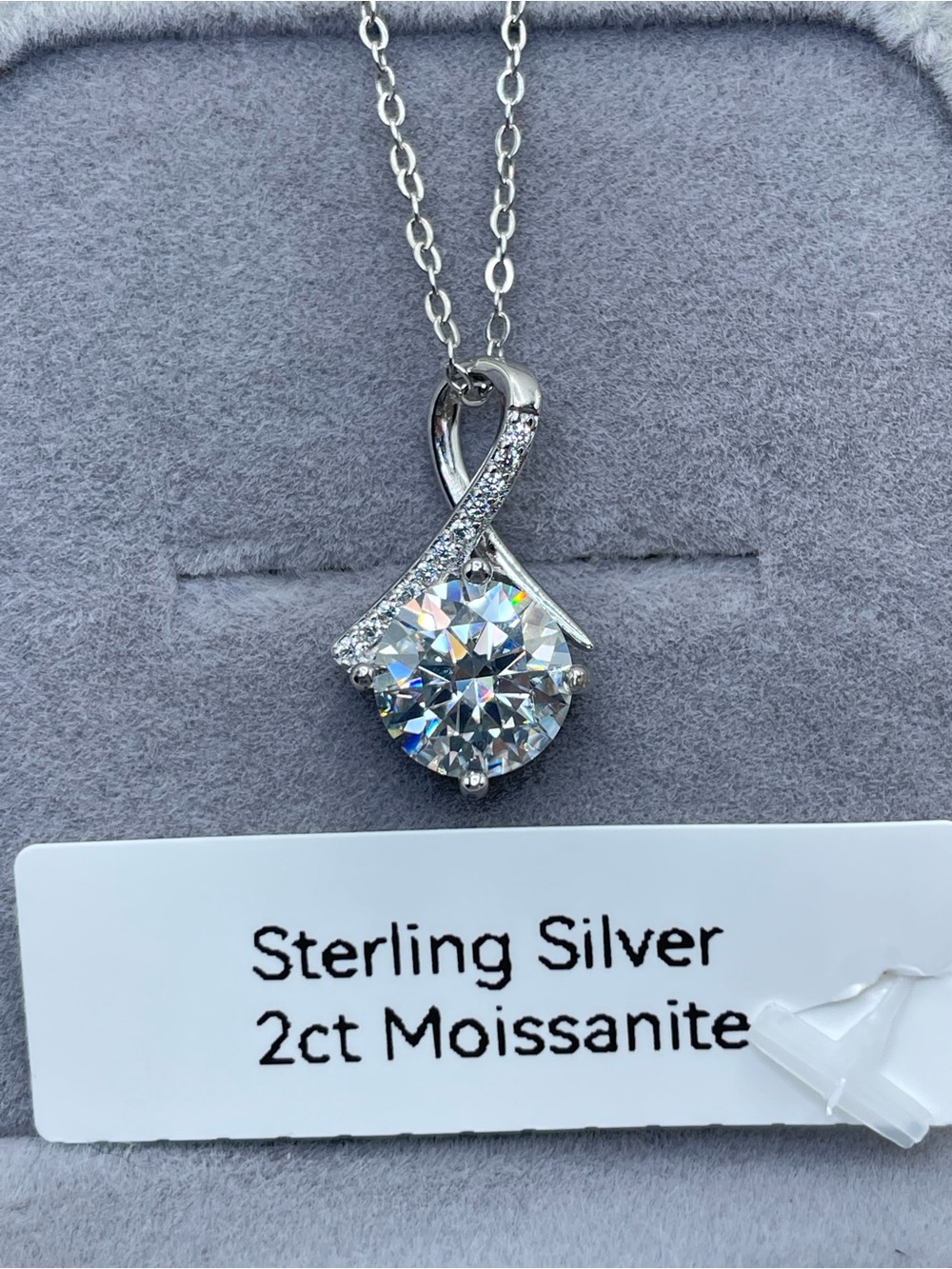 925 Sterling Silver 2ct White Moissanite Ribbon Pendant Necklace